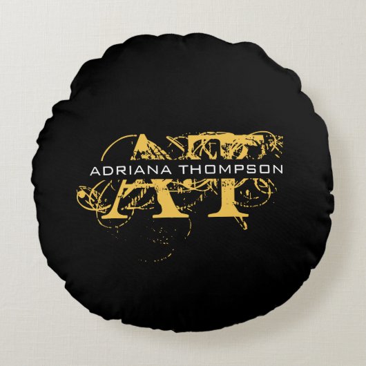 Modernes, bedrücktes Schwarz/Gold-Mit Monogramm Rundes Kissen (Vorderseite)