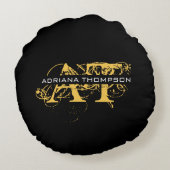 Modernes, bedrücktes Schwarz/Gold-Mit Monogramm Rundes Kissen (Rückseite)
