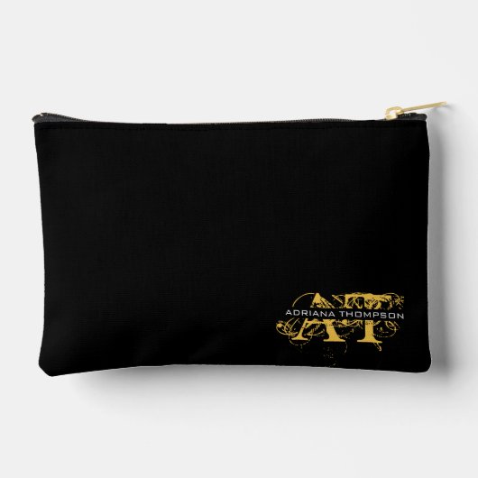 Modernes, bedrücktes Schwarz/Gold-Mit Monogramm Zubehörtasche (Rückseite)
