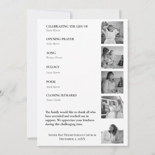 Modernes Beerdigungsprogramm Einladung (Rückseite)