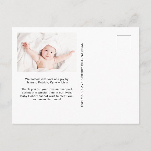 Modernes Begrüßungsskript 4 Foto Birth Ankündigungspostkarte (Rückseite)