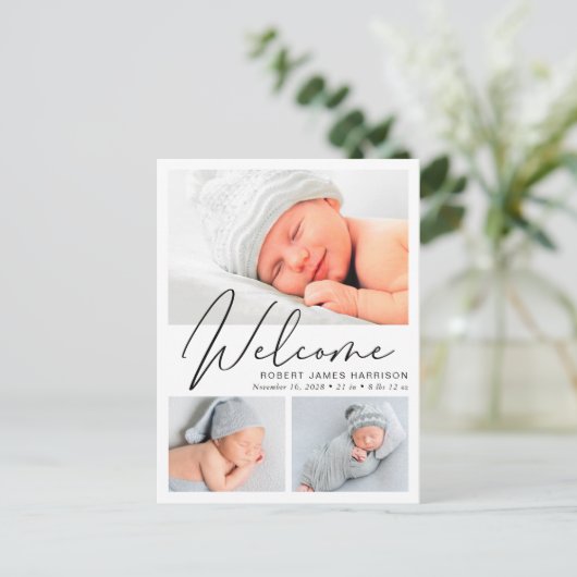 Modernes Begrüßungsskript 4 Foto Birth Ankündigungspostkarte (Stehend Vorderseite)