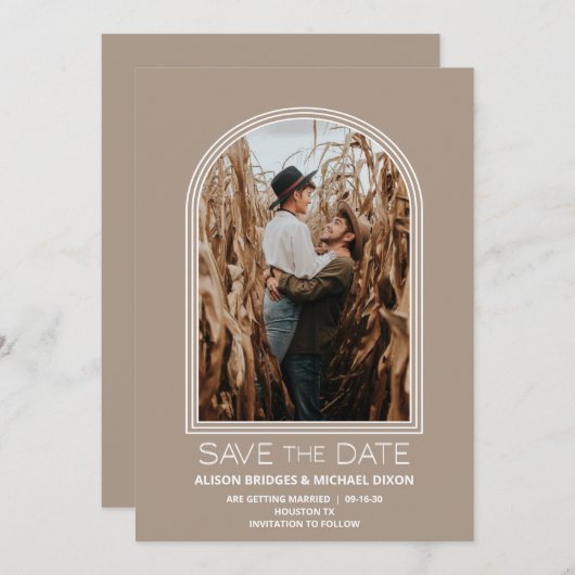 Modernes Beige Arch Foto Hochzeit retten das Datum Save The Date (Vorne/Hinten)