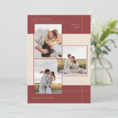 Modernes Beige Burgundy Geometric Inline 3 Foto Save The Date (Stehend Vorderseite)