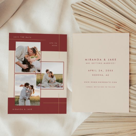 Modernes Beige Burgundy Geometric Inline 3 Foto Save The Date