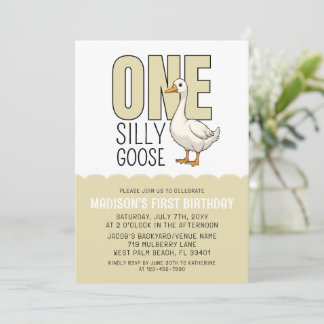 Modernes Beige Grün Albern Gänse 1. Geburtstag Einladung