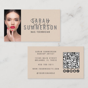 Modernes Beige Nagelstudio QR-Code Foto Visitenkarte