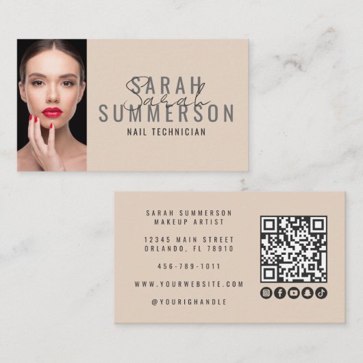 Modernes Beige Nagelstudio QR-Code Foto Visitenkarte (Vorne/Hinten)