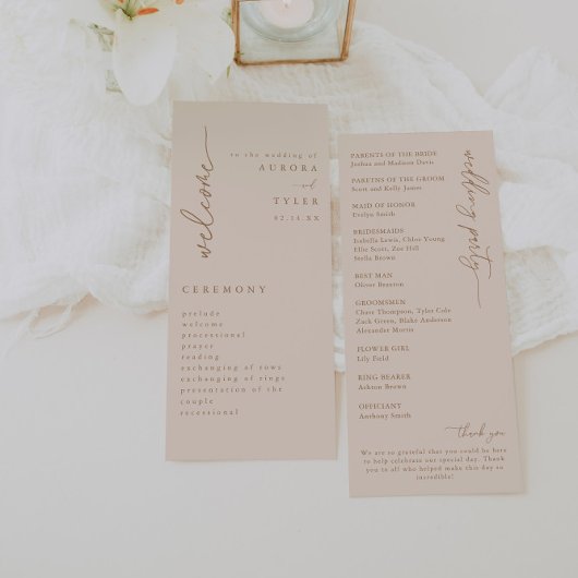 Modernes Beige-Script-Hochzeitsprogramm Programm
