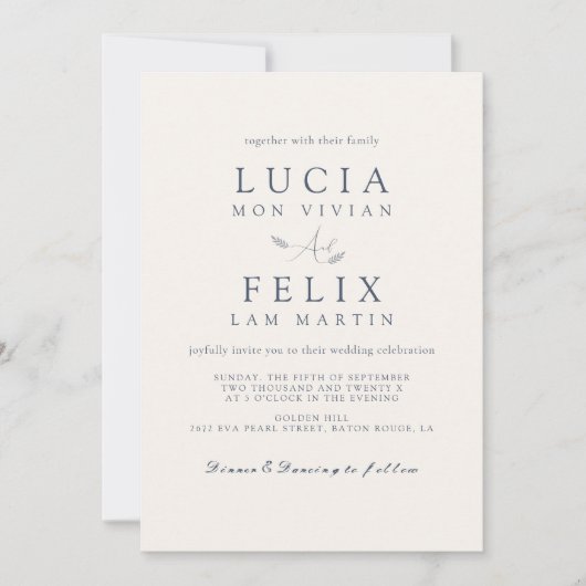 Modernes Beispiel Blätter Delikate Dusty Blue Wedd Einladung (Vorderseite)