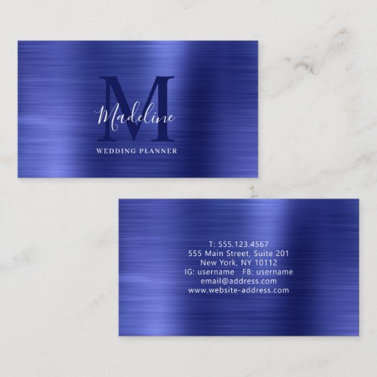 Modernes Beruflich gebürstetes Metallic Blue Monog Visitenkarte (Vorne/Hinten)