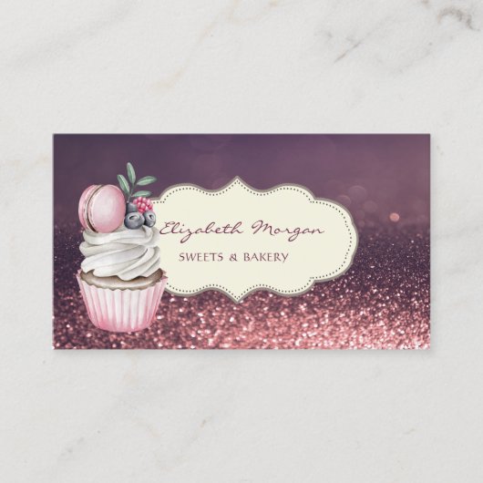 Modernes Beruflich, Glitzer Bokeh, Cupcake Macaron Visitenkarte (Vorderseite)