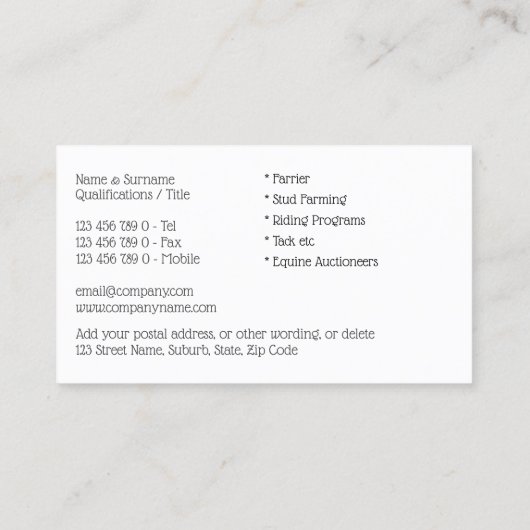 Modernes berufliches Pferdefleisch-Foto-Pferd Visitenkarte (Rückseite)