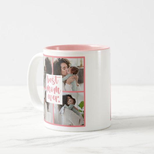 Modernes Best Mama Ever Heart Foto | Dunkelrosa Zweifarbige Tasse (Vorderseite Links)