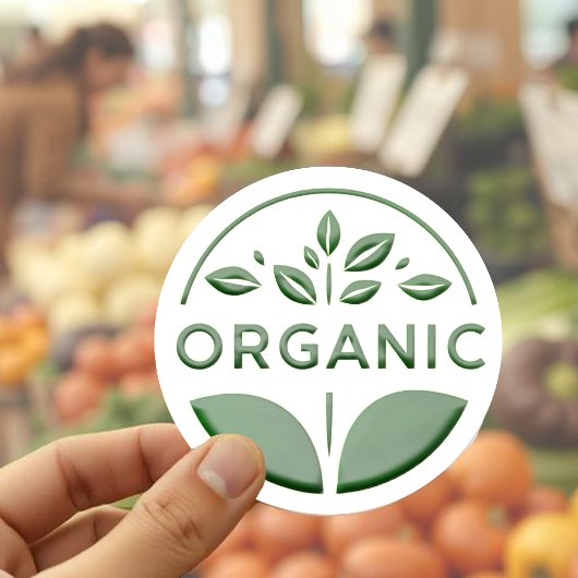 Modernes Bio Label aus grünem Leaf im Stilstil Runder Aufkleber