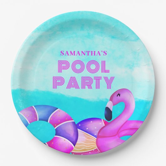 Modernes Birthday Pool Party Pink Flamingo Pappteller (Vorderseite)