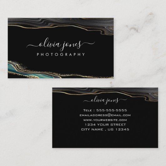 Modernes Black Agate Gold Glitzer Signature Script Visitenkarte (Vorne/Hinten)