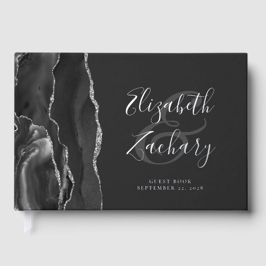 Modernes Black Agate Silver Script dunkel Gästebuch (Vorderseite)