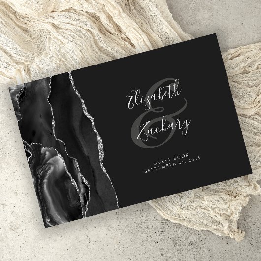 Modernes Black Agate Silver Script dunkel Gästebuch