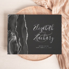 Modernes Black Agate Silver Script dunkel Gästebuch