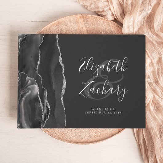 Modernes Black Agate Silver Script dunkel Gästebuch
