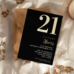 Modernes Black and Gold Elegant 21. Geburtstag Folieneinladung