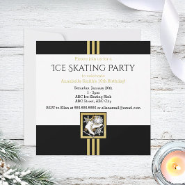 Modernes Black and Gold Glitzer Ice Skaten Party Einladung