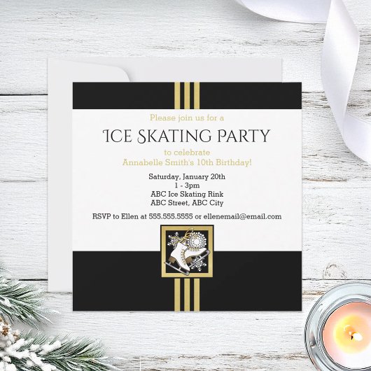 Modernes Black and Gold Glitzer Ice Skaten Party Einladung