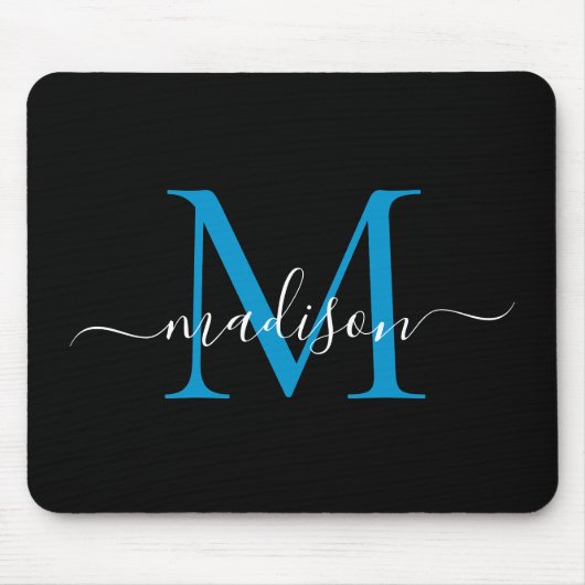 Modernes Black Blue Monogram Elegante Girly Script Mousepad (Vorne)