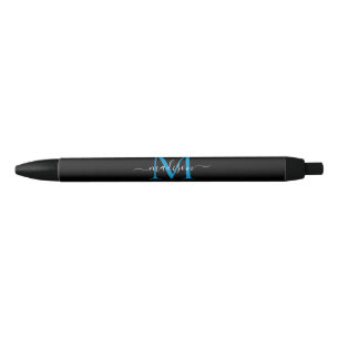 Modernes Black Blue Monogram Eleganter Skriptname Kugelschreiber