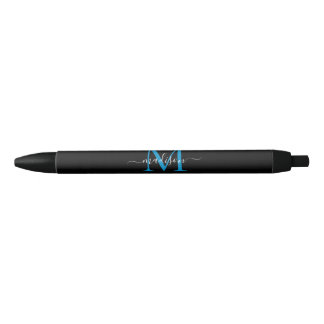 Modernes Black Blue Monogram Eleganter Skriptname Kugelschreiber