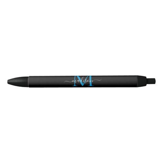 Modernes Black Blue Monogram Eleganter Skriptname Kugelschreiber (Vorderseite)