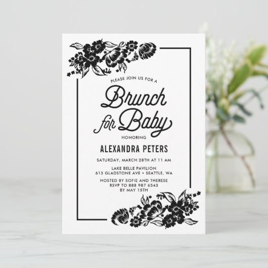 Modernes Black Botanical Baby Dusche Brunch Einladung (Stehend Vorderseite)