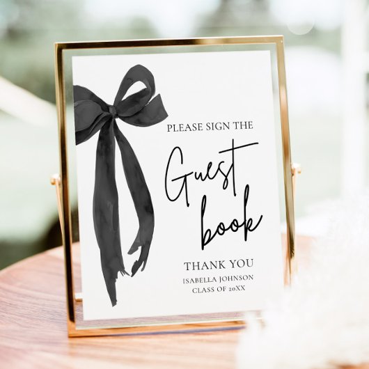 Modernes Black Bow Graduation Party Guest Book Sig Poster