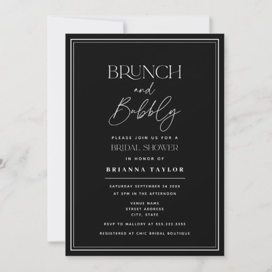 Modernes Black Brunch & Bubbly Einladung (Vorderseite)