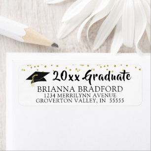 Modernes Black Brush Script Gold Confetti Grad Cap