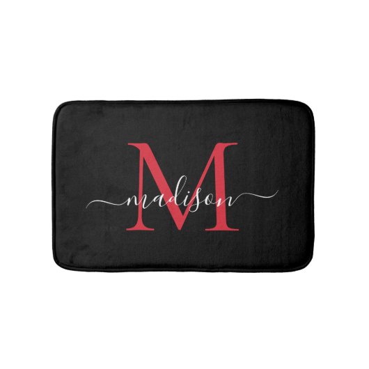 Modernes Black Burgundy Red Monogram Script Elegan Badematte (Vorderseite)