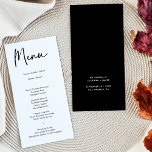Modernes Black Calligraphy Wedding Dinner Menu Menükarte<br><div class="desc">Diese moderne, einfache Hochzeitskarte bietet Kalligraphie und einen einfachen Schriftart für Ihr Hochzeitsmenü auf weißem Hintergrund auf der Vorderseite und einen schwarzen soliden Backer. Ideal für eine moderne und dennoch klassische Hochzeit oder andere Veranstaltungen, Hochzeit mit einem Schwarz-Weiß-Thema oder eine elegante Hochzeit. Auf der Rückseite ist Platz für Ihre Namen...</div>