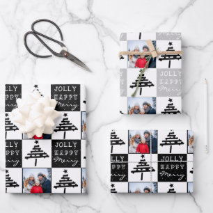 Modernes Black Christmas Tree Family Foto Geschenkpapier Set