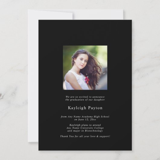 Modernes Black Elegante Script Abschluss Foto Ankündigung (Rückseite)