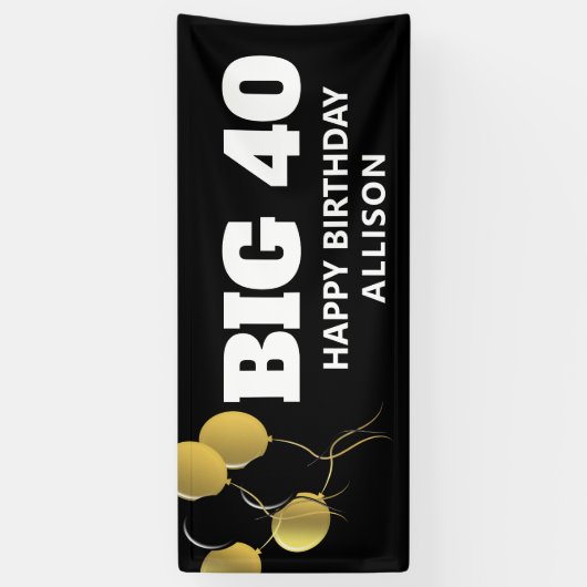 Modernes Black Gold 40. Geburtstag Party Personali Banner (Vertikal)
