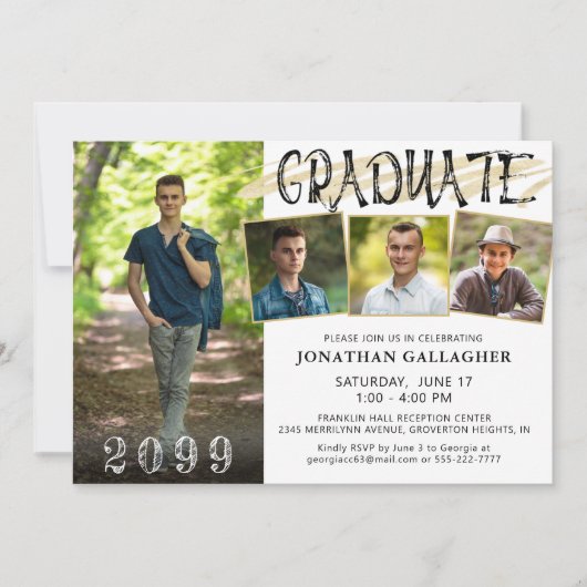 Modernes Black Gold 4 Fotos Handschrift Graduate Einladung (Vorderseite)