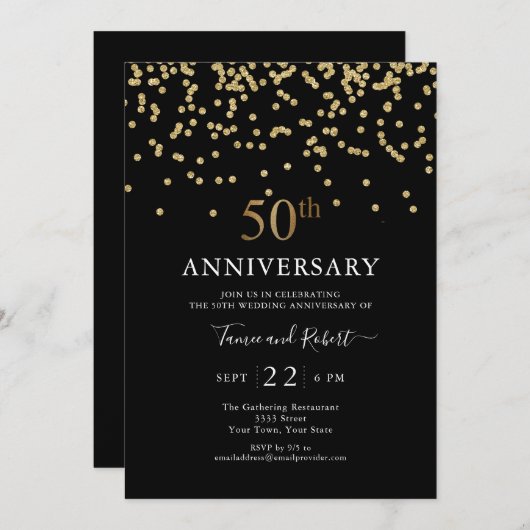 Modernes Black Gold 50. Hochzeitstag Einladung (Vorne/Hinten)