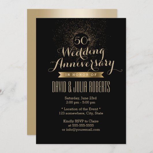 Modernes Black & Gold 50. Hochzeitstag Einladung (Vorne/Hinten)
