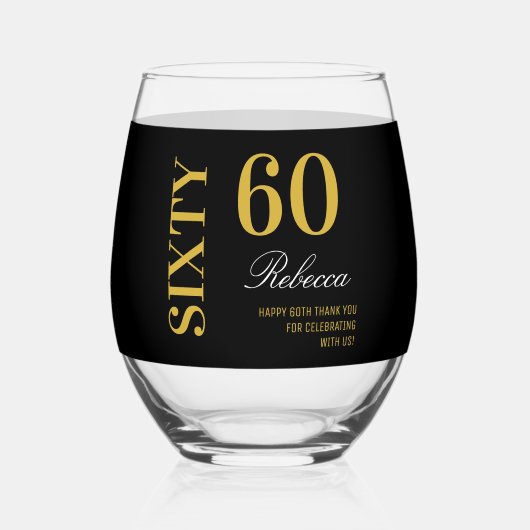 Modernes Black & Gold 60. Geburtstags Cocktail Par Weinglas Ohne Stiel (Vorderseite)