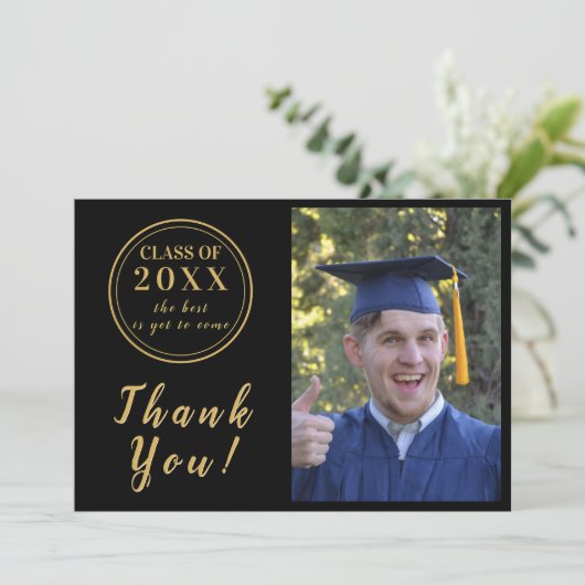 Modernes Black & Gold Abschluss Foto Vielen Dank Dankeskarte (Stehend Vorderseite)