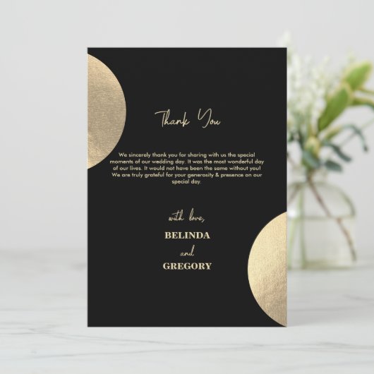 Modernes Black & Gold Abstrakt Wedding Foto Dankeskarte (Stehend Vorderseite)