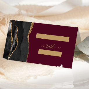 Modernes Black Gold Agate Burgund Hochzeitstisch Platzkarte