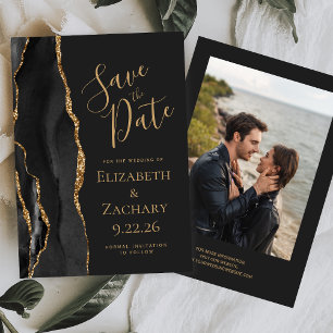 Modernes Black Gold Agate Foto Dark Save the Date