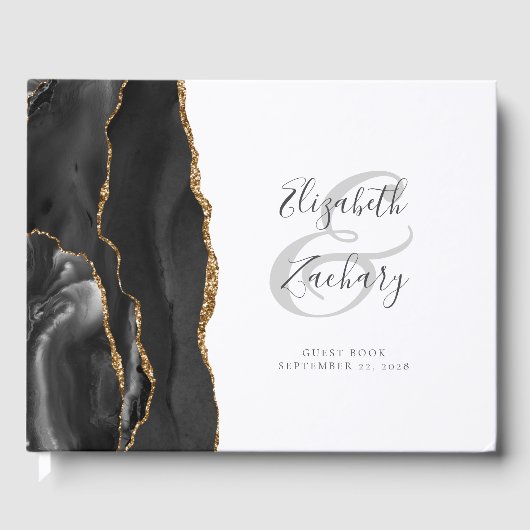 Modernes Black Gold Agate Script Gästebuch (Vorderseite)